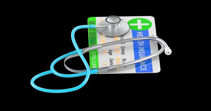 Health insurance card with stethoscope, rotation animation seamlessly loopable. 3D rendering isolated on transparent background