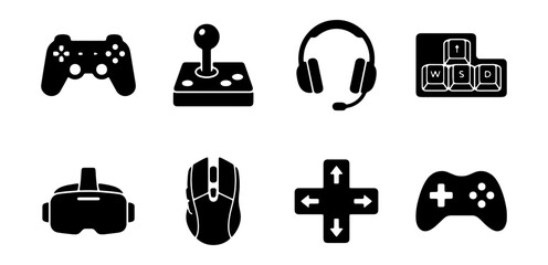 Set of gaming icons including controller, joystick, headset, keyboard keys, vr headset, mouse, dpad and gamepad © Suriya