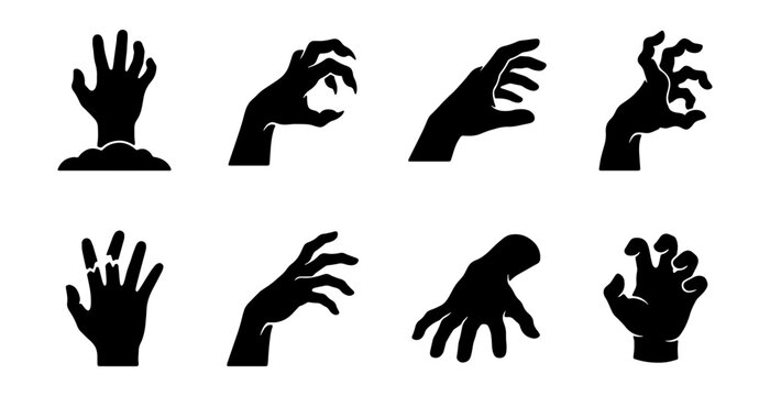 Set of zombie hand silhouettes, scary monster hands reaching out, horror and halloween vector icons