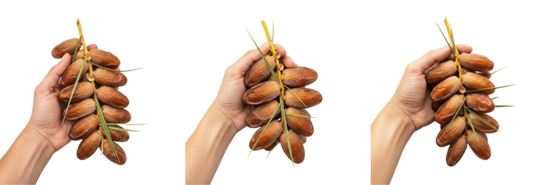 Hand holding fresh dates bunch - Phoenix dactylifera (D&aacute;til / Datte) - Fresh Organic Tropical Fruit - Healthy Vegan Snack - Natural Sweetness - High Quality Stock Photo Image - Premium Fruit Photograp