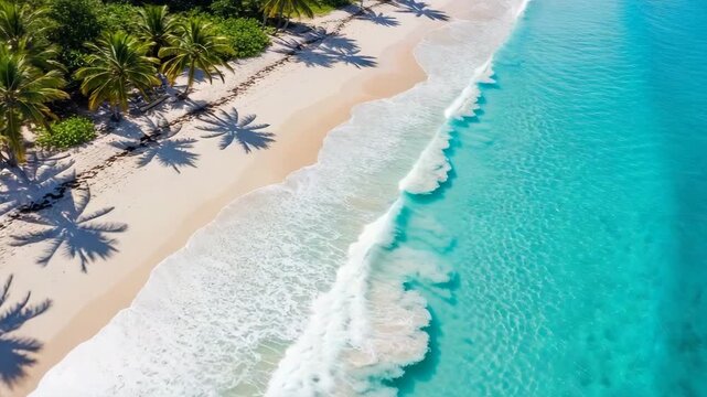 Coastal Serenity: A panoramic view of an idyllic beach where palm tree shadows dance on the pristine white sand, while gentle waves lap the turquoise sea.