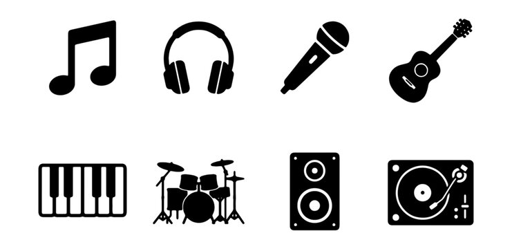 Set of musical instruments and audio equipment icons, including musical note, headphones, microphone, guitar, piano keyboard, drum kit, speaker and turntable
