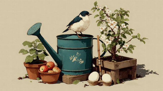 Vintage Garden Still Life with Bird and Watering Can