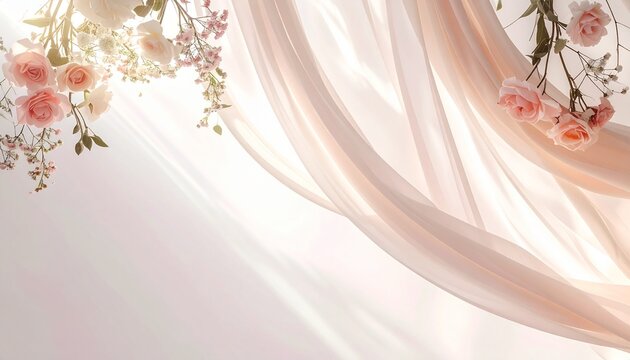 ピンクのバラとチュールのウェディング素材　柔らかい光のロマンチックな背景