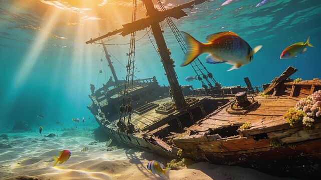 Calm and clear water surrounds sunlit wreck with fish swimming