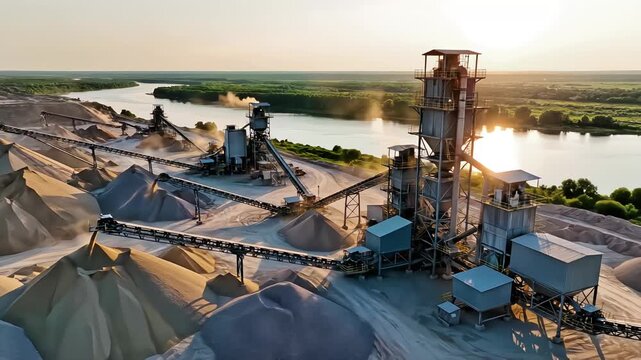 Aerial drone view of an industrial aggregate quarry with conveyor belts and large gravel mounds situated along a riverbank beautifully backlit during golden hour with soft sunlight
