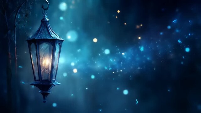 Ornate gaslight lantern illuminating magical blue dust motes in deep night