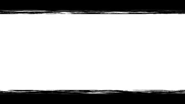 Black horizontal cinematic grunge frame overlay seamless loop animation with dynamic rough edge motion on white background. 4K animated grunge frame for cinematic border, title, and motion graphics.
