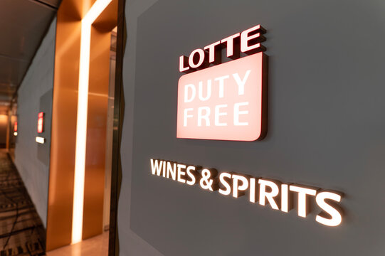 Close up shot of Lotte Duty Free sign at Changi Airport