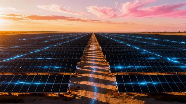 Aerial view of sunlit solar installations in pink evening sky