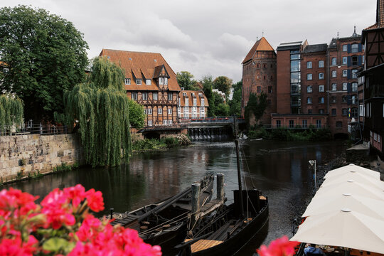 Ilmenau River in L&uuml;neburg Germany seen from the Brausebr&uuml;cke bridge