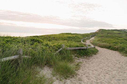 Sandy coastal trail through dunes in Aquinnah on Martha&rsquo;s Vineyard