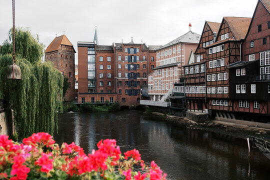 Ilmenau River in L&uuml;neburg Germany seen from the Brausebr&uuml;cke bridge
