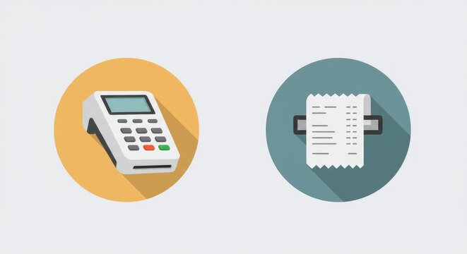 Payment terminal and receipt icons on colorful circles illustration