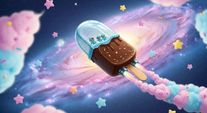 Cosmic ice cream rocket floating in a vibrant galaxy with stars and clouds