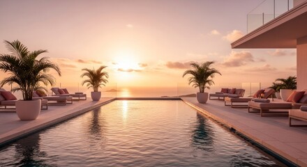 Fototapeta premium Luxury poolside scene at sunset with palm trees and ocean view