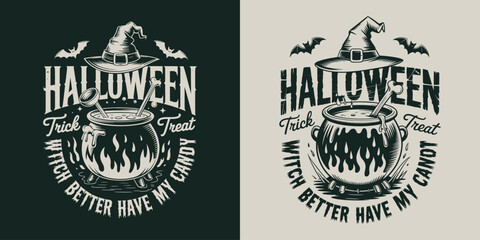 Obraz premium Halloween holiday emblem featuring witch cauldron and spooky elements.
