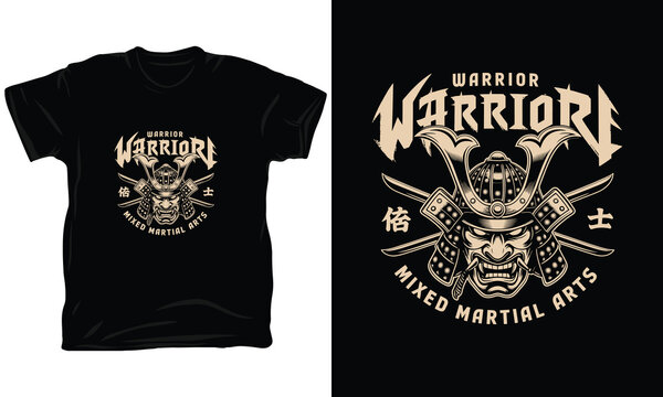 Warrior samurai mask vintage emblem for mixed martial arts club shirt.