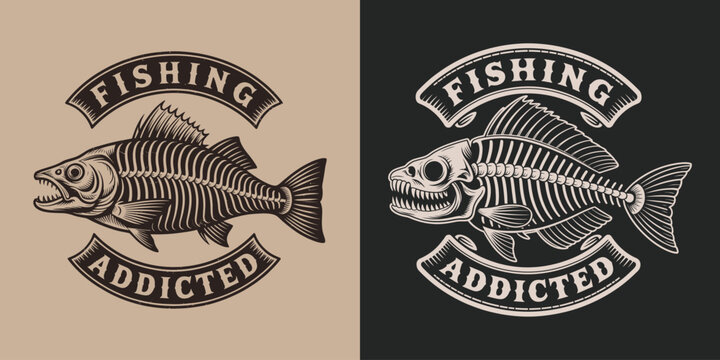 Fishing addicted bone fish skeleton black and white illustration.