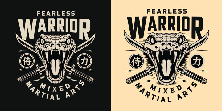 Fearless warrior snake logo with crossed katana for martial arts gym.