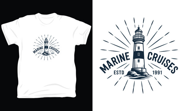 Nautical lighthouse emblem for marine cruises with sunburst.