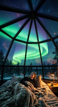 A serene woman rests in a cozy glass igloo under the vibrant northern lights, looking up in awe at the glowing aurora borealis dancing across the dark winter night sky in Finland.
