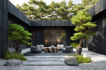 Fototapeta premium The contemporary outdoor area showcases striking black walls that contrast beautifully with vibrant green trees and elegantly arranged natural stones.