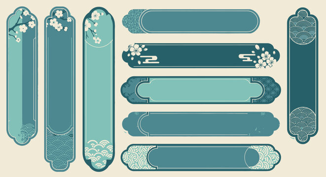 Collection of traditional Asian vertical and horizontal banners with cherry blossom flowers and wave patterns in teal and blue tones, on a cream background.