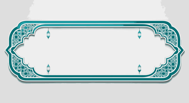 Ornate rectangular frame with intricate Islamic geometric patterns and hanging lanterns, on a light gray background.