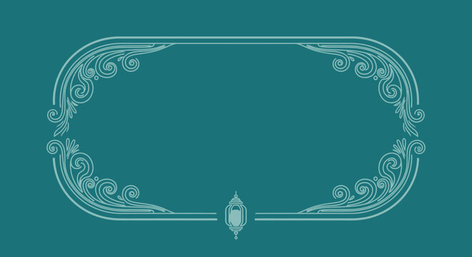 Elegant rectangular frame with ornate swirling border and a hanging traditional lantern, on a dark teal background.