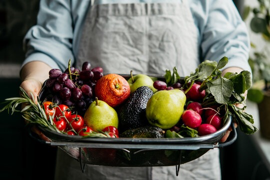 Hands holding big tray with different fresh fruits and vegetables. Harvest and healthy organic food concept.