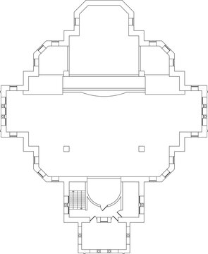 Technical architectural floor plan of a symmetrical church layout featuring a central nave, angled corners, entrance stairs, and an apse area.