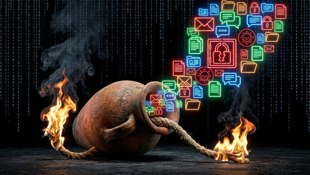 Cyber Security Data Breach Concept with Burning Ancient Amphora and Glowing Digital Icons