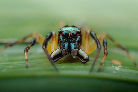 Jumping spider displaying iridescent colors on a green leaf
