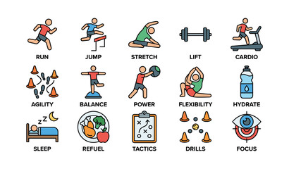 Fototapeta premium Fitness icons showing training and recovery on white background