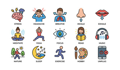 Fototapeta premium Wellness icons showing breathing and relaxation activities on white