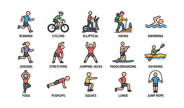 Exercise icons displaying multiple activities on white background