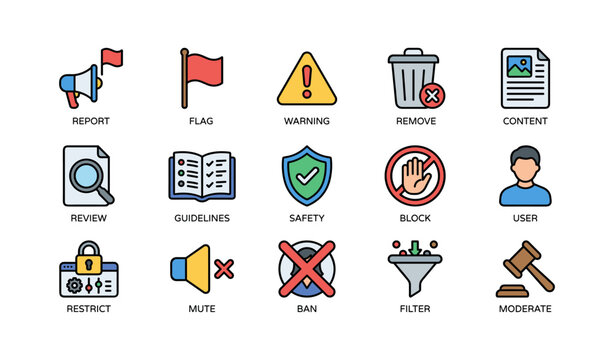 Moderation and safety icons showing review actions on white background