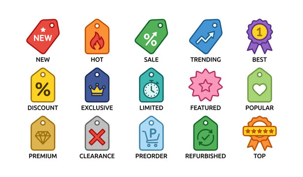 Product tag and badge icons showing sale and status labels on white