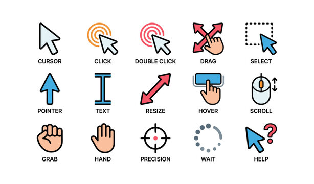 Set of mouse cursor and pointer icons showing interaction states