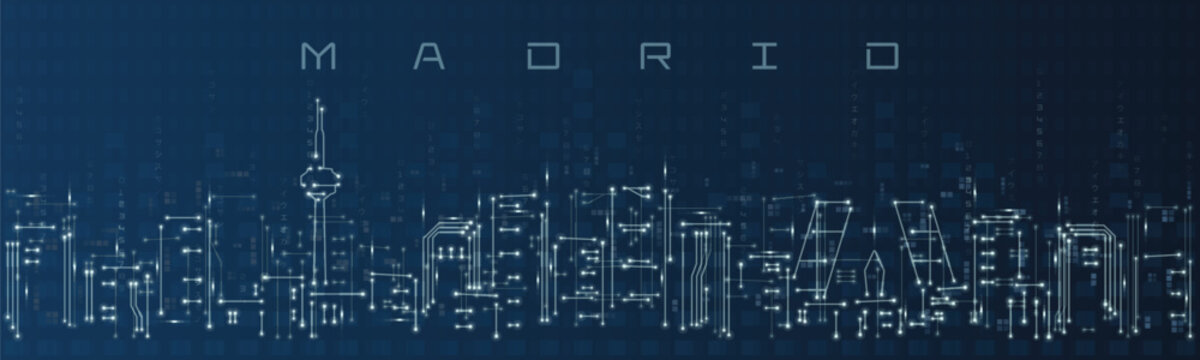 Madrid Smart City Skyline Vector in Circuit Board Style Futuristic Technology Background