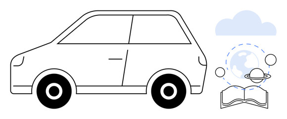 Transportation, learning, travel, global education, futuristic concepts, mobility. Outline of a car, globe orbit book. Transportation and learning as futuristic and global © robu_s