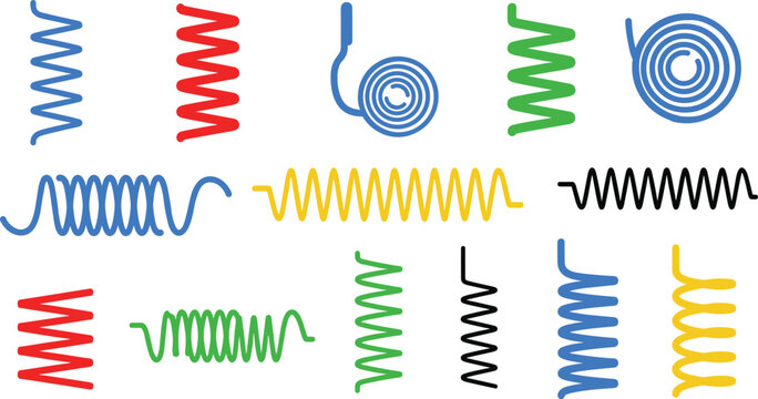 Colorful spiral spring set collection featuring various twisted metal coils in different shapes and styles