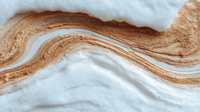 Intertwining swirls of white foam and tan particulate material create an abstract texture.