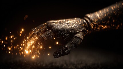 Obraz premium Highly detailed robotic hand extends toward a field of glowing sparks on a dark surface