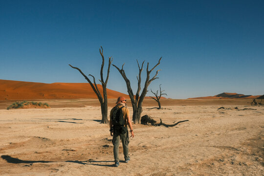 Man standing among dead trees in Deadvlei, Sossusvlei, Namibia