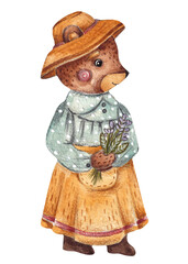 Little bear holding a bouquet of flowers