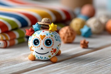 Fototapeta premium Cheerful Clay Sugar Skull with Colorful Ornaments on Wood Background and Striped Cloth