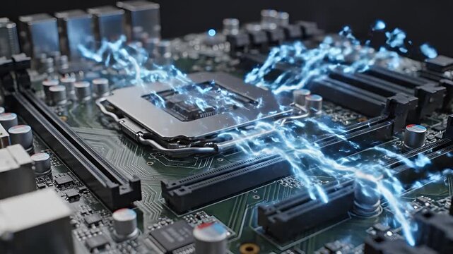 Closeup of a computer motherboard with glowing blue electrical energy flowing through it.