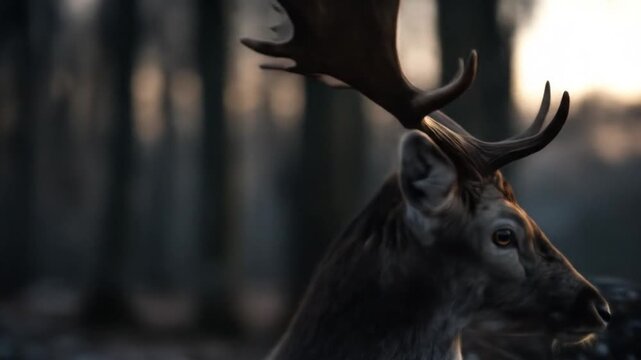 Majestic deer in forest wildlife portrait with antlers and natural sunlight